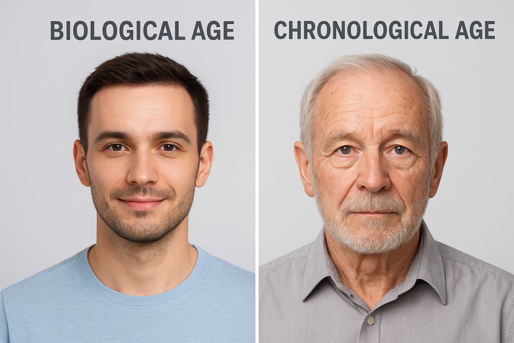 biological age vs chronological age- An image showing age difference between a young male on left side and older version of the male on right side of the image.