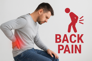 A young English man sitting and holding his painful back. back pain has been caused after long desk job postures , lifestyle and mobile usage. The man is young but feeling helpless due to backpain difficulty- Physiotherapy can help to cure such types of backpain.