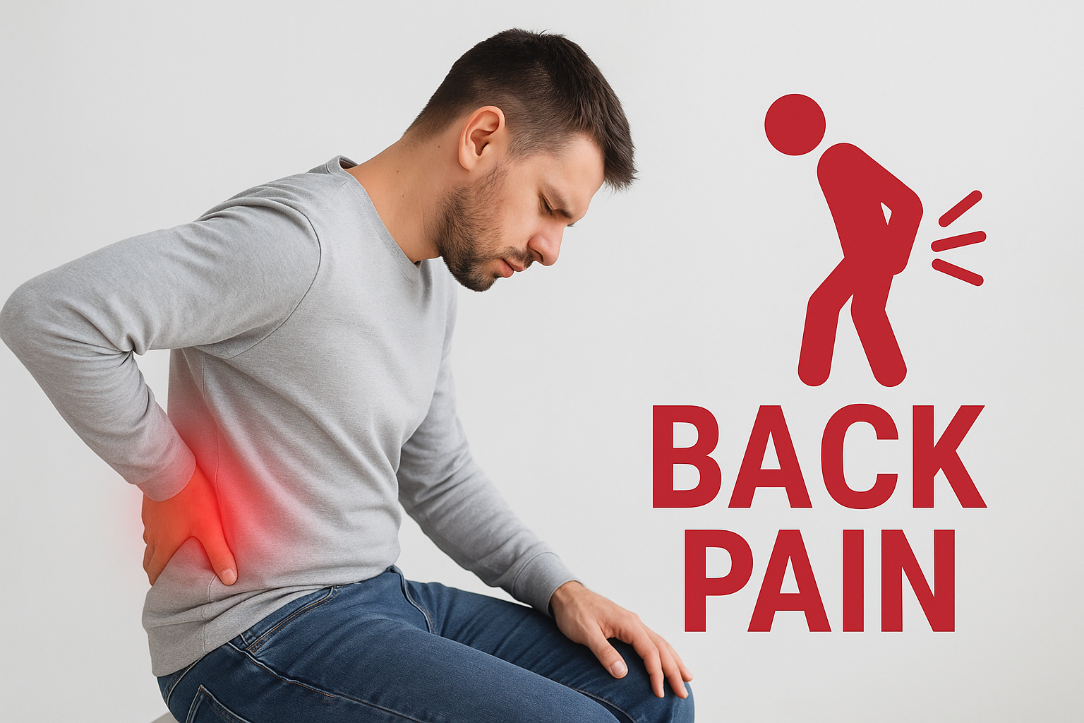 A young English man sitting and holding his painful back. back pain has been caused after long desk job postures , lifestyle and mobile usage. The man is young but feeling helpless due to backpain difficulty- Physiotherapy can help to cure such types of backpain.