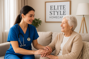 Smiling elderly woman sitting comfortably at home with a professional nurse from Elite Style Homecare, representing trusted nursing care for elderly at home Dubai with compassion and dignity.