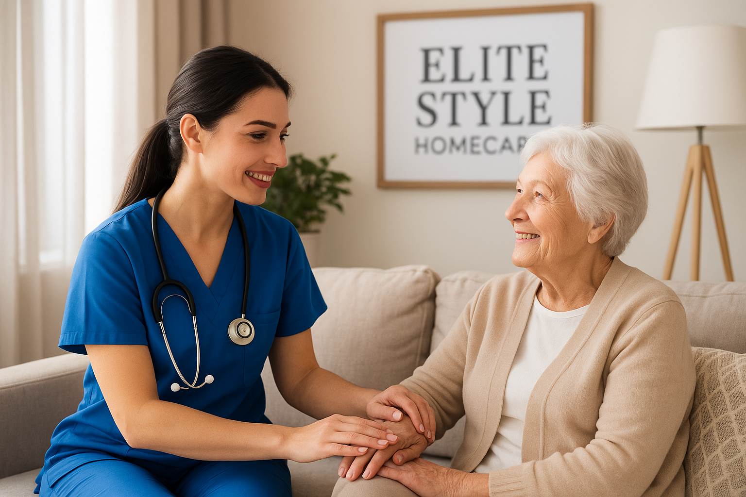 Smiling elderly woman sitting comfortably at home with a professional nurse from Elite Style Homecare, representing trusted nursing care for elderly at home Dubai with compassion and dignity.