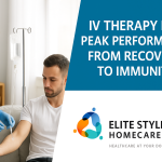 IV therapy for peak performance-from Recovery to immunity by Elite Style Homecare-A young healthy male athlete getting IV drip treatment at his doorstep, from DHA licensed professional medical staff.