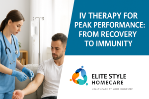 IV therapy for peak performance-from Recovery to immunity by Elite Style Homecare-A young healthy male athlete getting IV drip treatment at his doorstep, from DHA licensed professional medical staff.