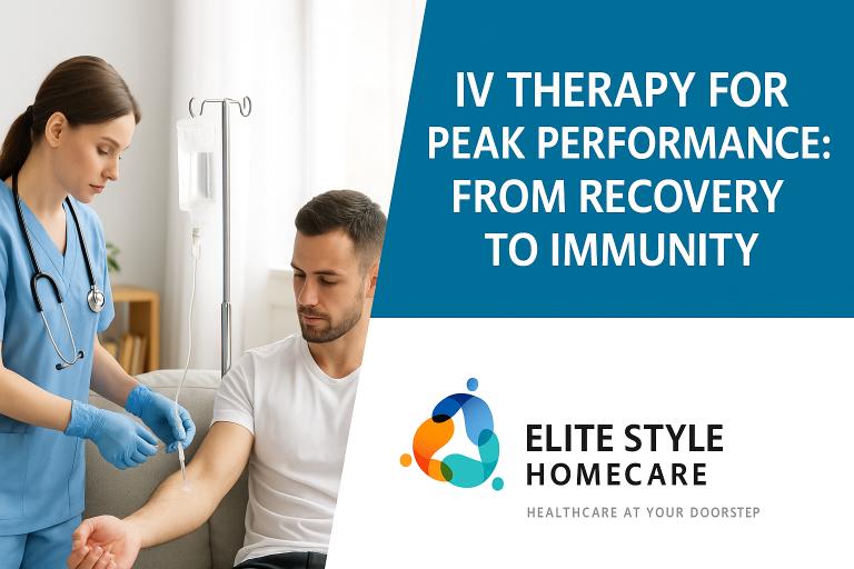 IV therapy for peak performance-from Recovery to immunity by Elite Style Homecare-A young healthy male athlete getting IV drip treatment at his doorstep, from DHA licensed professional medical staff.