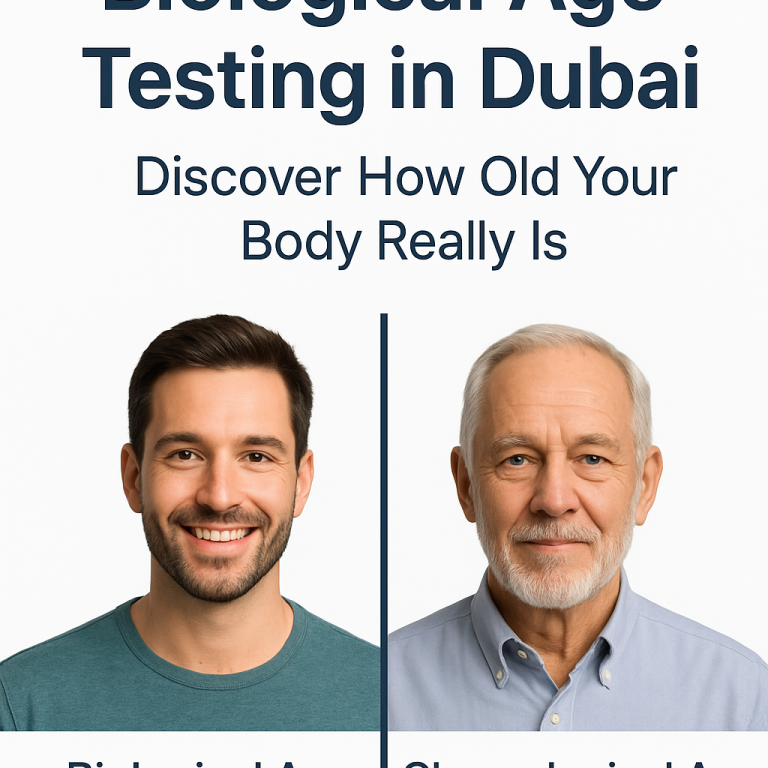 Biological age testing in Dubai – DNA and wellness concept.left side of the image showcasing young version of a healthy male while right side of the image showcasing old version of the same male and explaining difference between biological age and chronological age of a man.
