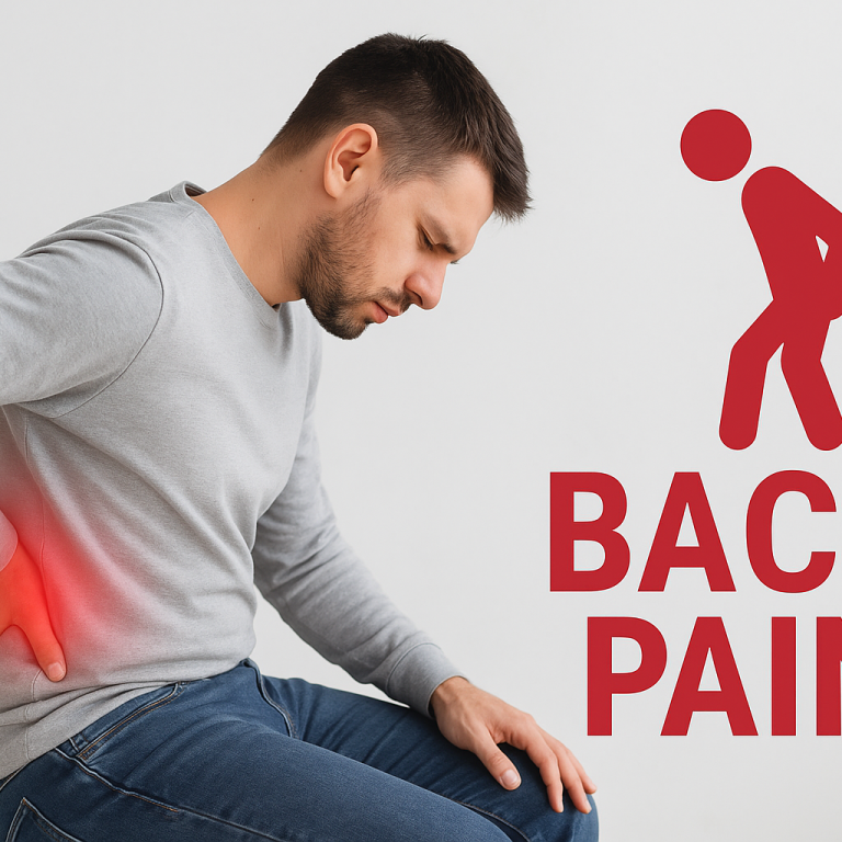 A young English man sitting and holding his painful back. back pain has been caused after long desk job postures , lifestyle and mobile usage. The man is young but feeling helpless due to backpain difficulty- Physiotherapy can help to cure such types of backpain.